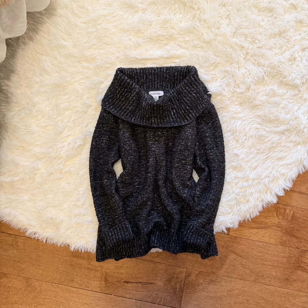 Womens Calvin Klein Cowl Neck Sweater Charcoal Grey Knit Size Medium Minimalist